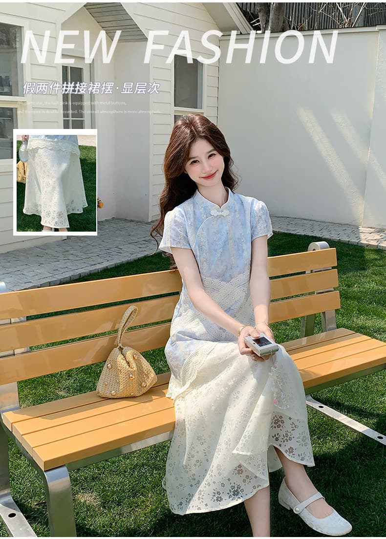 새로운 중식 레트로 페이크 레이어드 개선 치파오 드레스 여성 여름 2026 년 새로운 자이언트 잘 생긴 폭발 화재 다용도 롱 스커트 상세 이미지 24