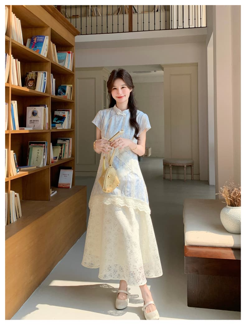 새로운 중식 레트로 페이크 레이어드 개선 치파오 드레스 여성 여름 2026 년 새로운 자이언트 잘 생긴 폭발 화재 다용도 롱 스커트 상세 이미지 32