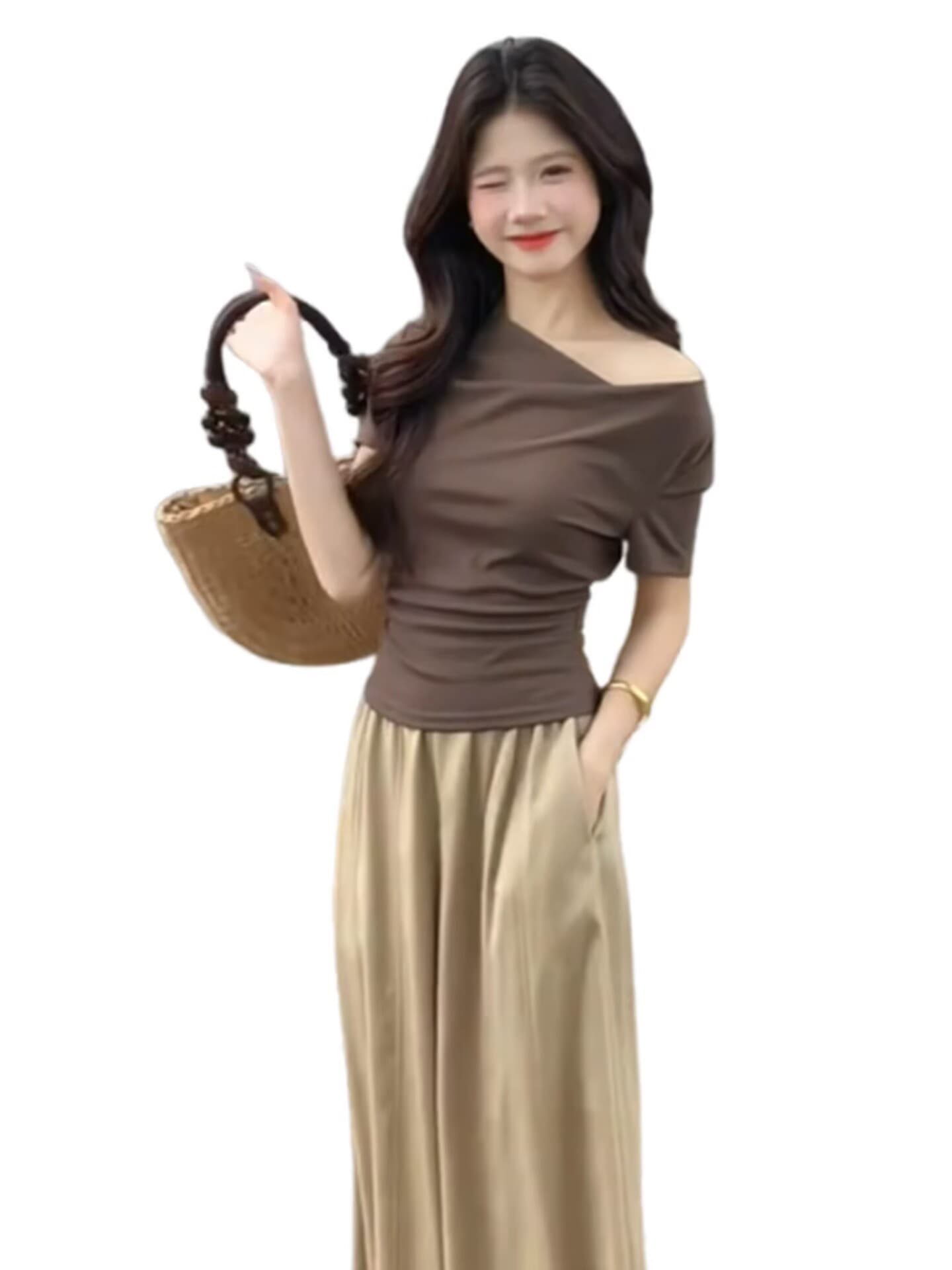 한 부서 그레이트 통해보기 가져 가라. 전체 집합 2026 새로운 비스듬한 어깨 반팔 티셔츠 여성 여름 와이드 레그 팬츠 투피스 슈트 상세 이미지 2