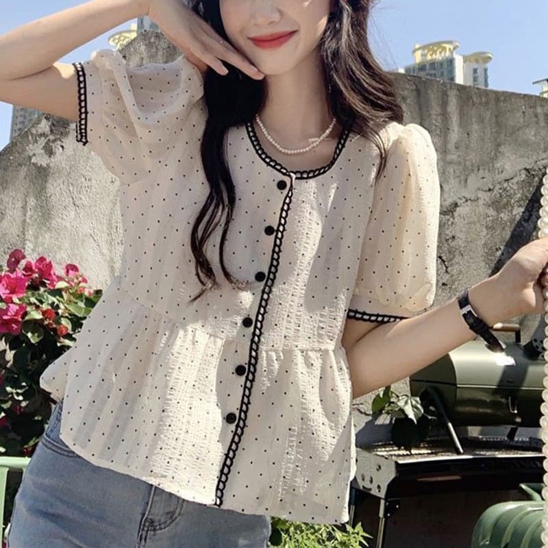 여름 달콤함 Chic 디자인 센스 맨위 티셔츠 여성 작은 대중 품격 루즈핏 도트 무늬 작은 샤넬 스타일 반팔 셔츠 트렌디 상세 이미지 1