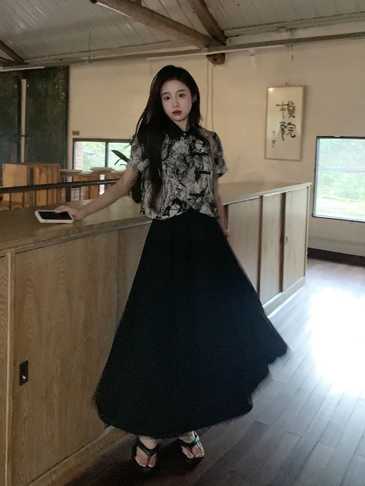 새로운 중식 국풍 단추 홀치기 염색 반팔 여성 셔츠 여름 레트로 디자인 긍정적 인 어깨 셔츠 쇼트 스타일 쉬폰 톱 상세 이미지 8