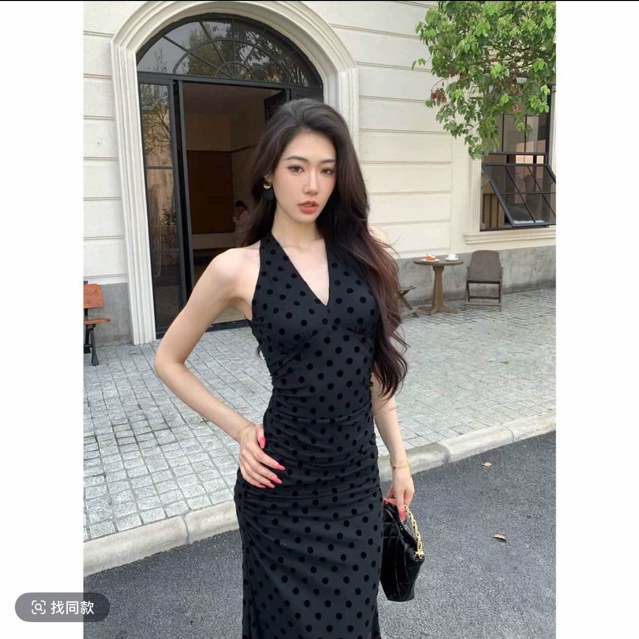 jijinqi 패션 여름 몸매 가꾸기 품격 도트 무늬 허리 수축 V넥 드레스 상세 이미지 3