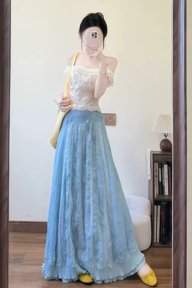 전체 집합 프랑스식 품격 부드러운 바람 흔들다 칼라 반팔 맨위 여성 여름 ootd 착용 가져 가라. 하이웨이스트 타이트 스커트 반신 스커트 이미지 5