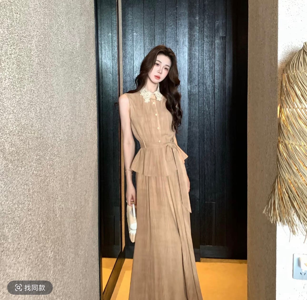 바람 이자 십자가 여름 레트로 스타일 레이스 레이스 민소매 맨위 도루 센스 반신 스커트 아마 세트 이미지 4