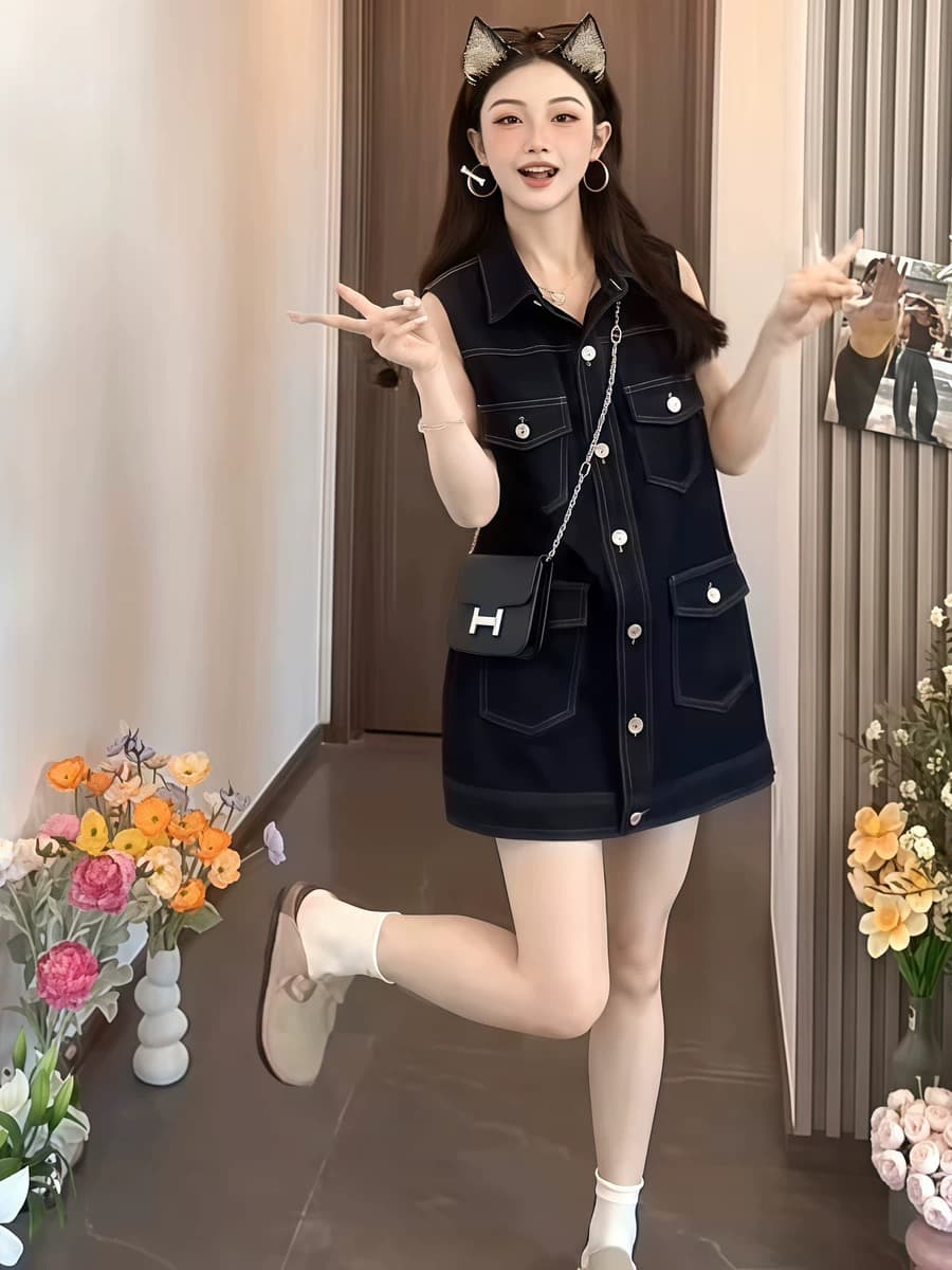 아메리칸 레트로 POLO 칼라 싱글 줄 버튼 민소매 데님 드레스 작은 키 외국 가스 달콤한 차가운 연령 감소 조끼 미니 스커트 이미지 4