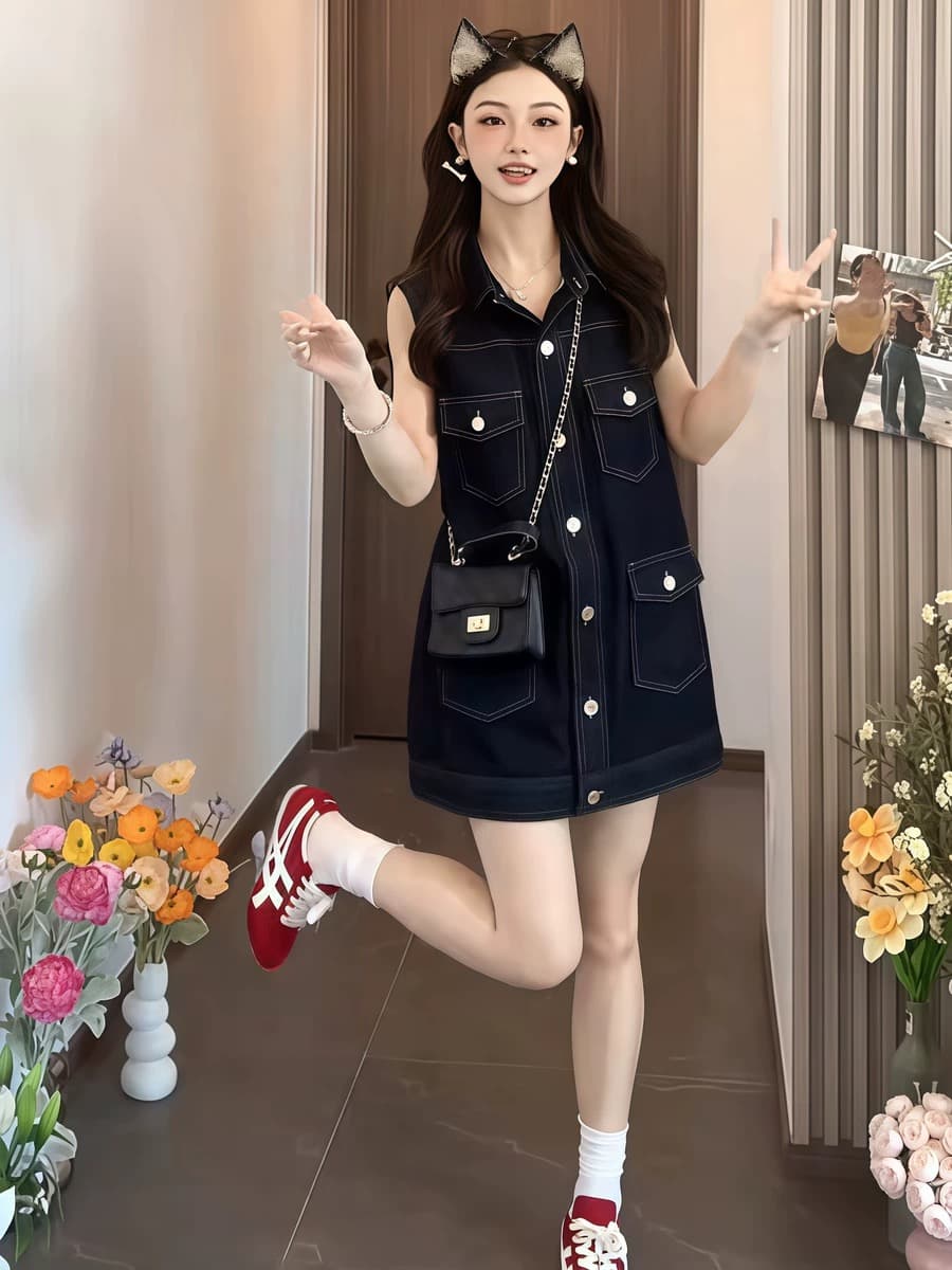 아메리칸 레트로 POLO 칼라 싱글 줄 버튼 민소매 데님 드레스 작은 키 외국 가스 달콤한 차가운 연령 감소 조끼 미니 스커트 상세 이미지 5