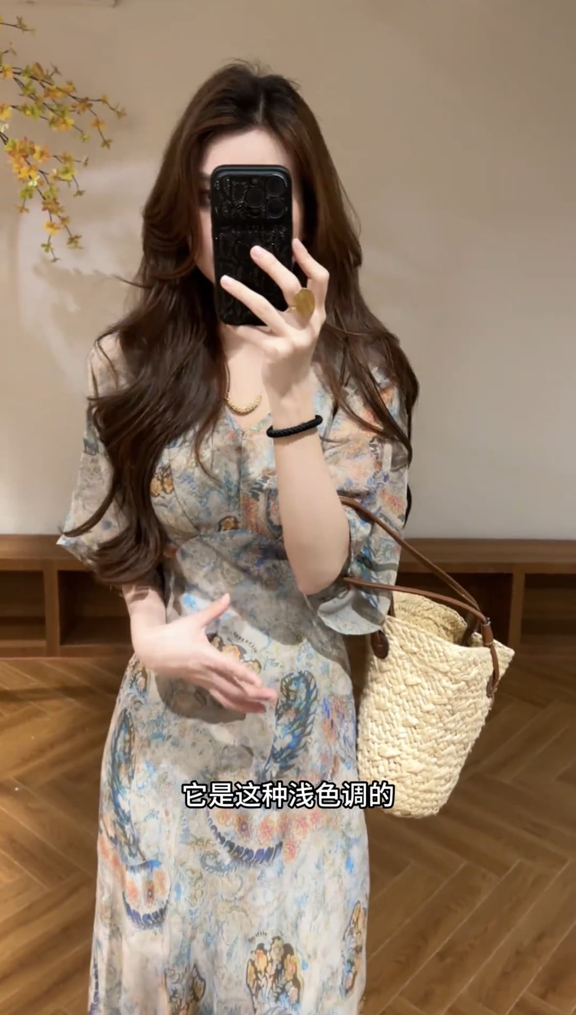 대 찌르기 여름 새로운 배트윙 소매 V넥 레트로 프린트 허리 수축 품격 드레스 롱 스커트 이미지 3