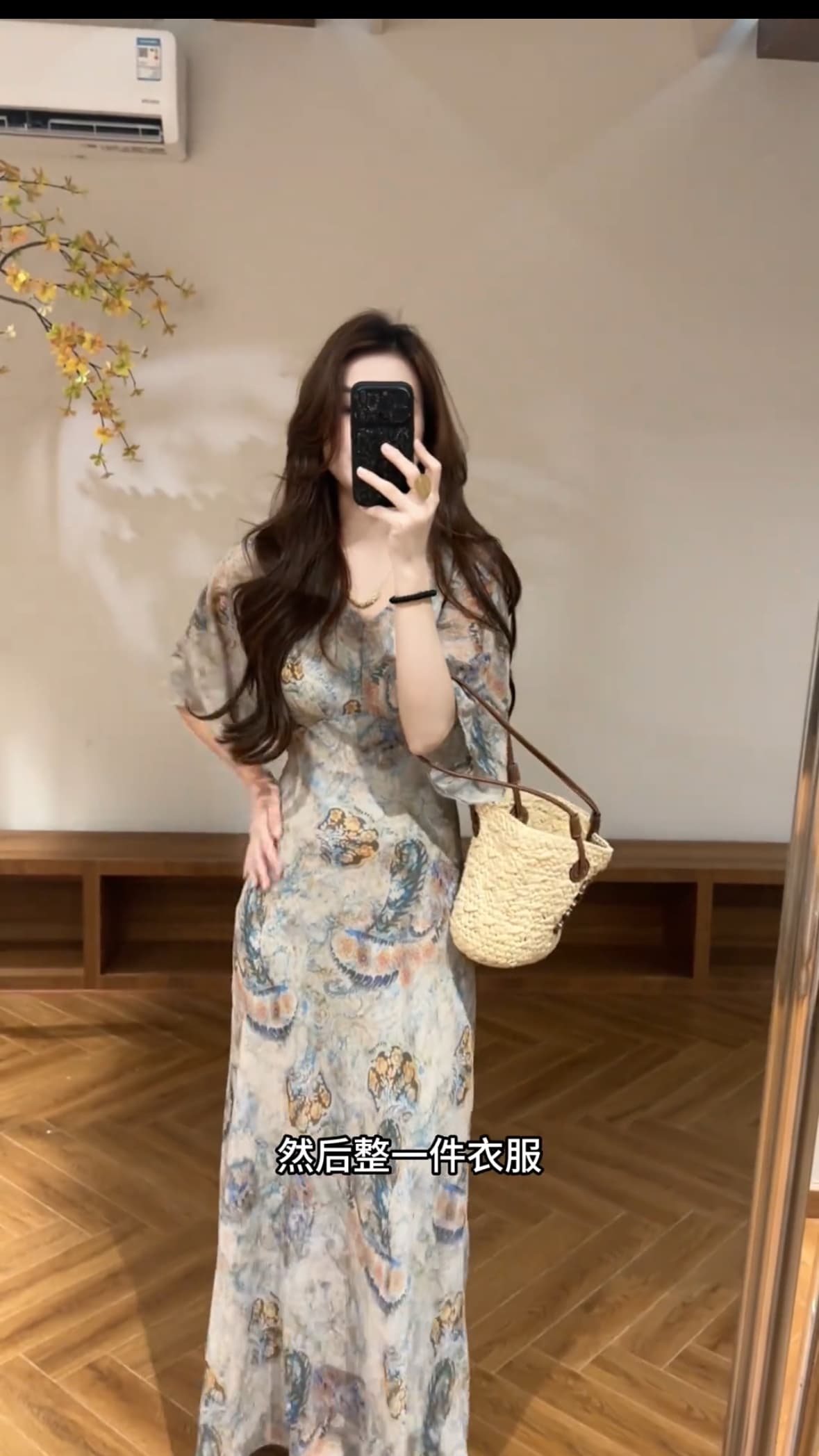 대 찌르기 여름 새로운 배트윙 소매 V넥 레트로 프린트 허리 수축 품격 드레스 롱 스커트 상세 이미지 3