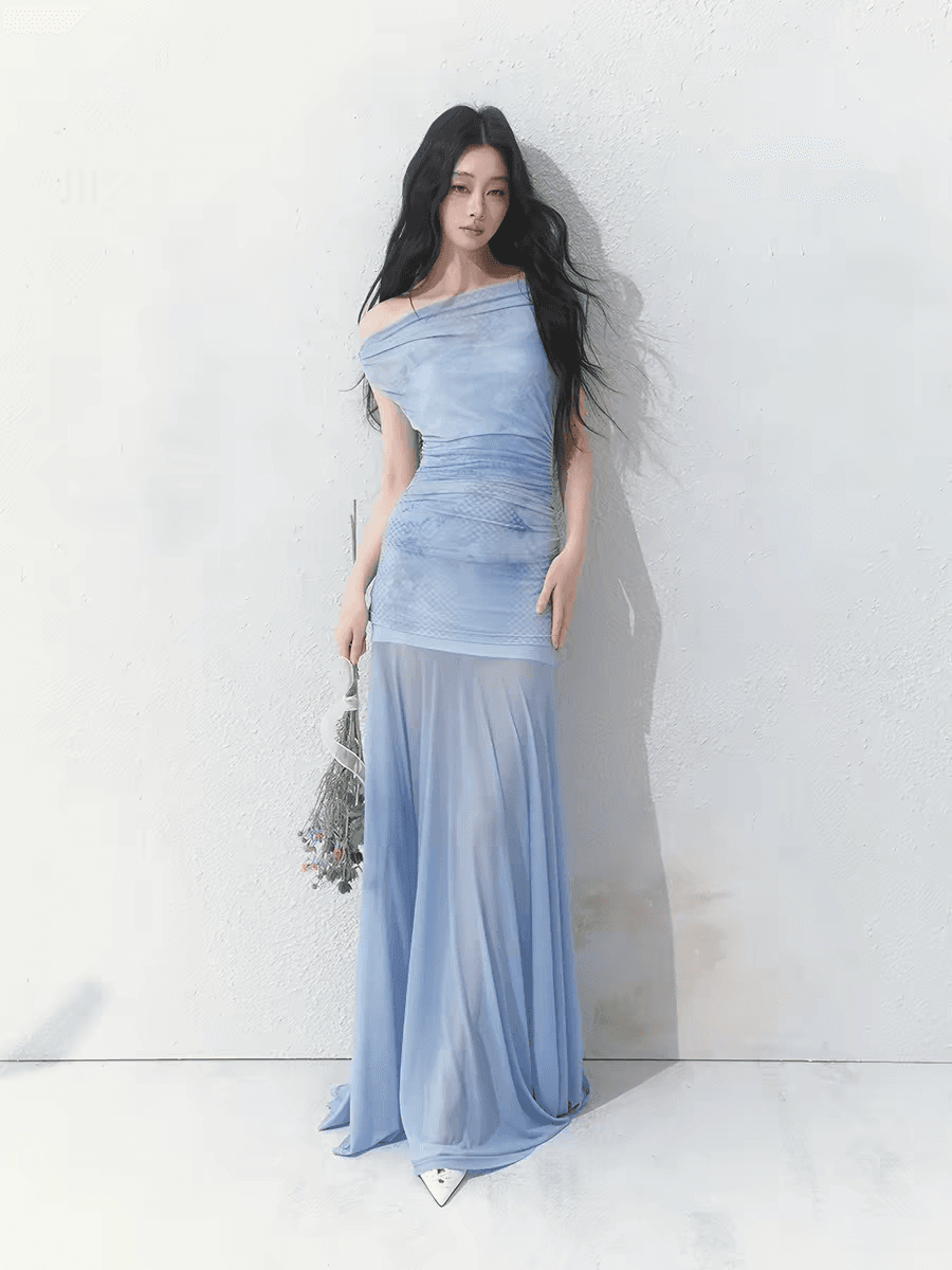 자기 소금 차 블루스 브루스 오리지널 프랑스식 비스듬한 어깨 분위기 센스 마이크로 ~을 통해 한 마디 Tulle 드레스 투피스 세트 이미지 4