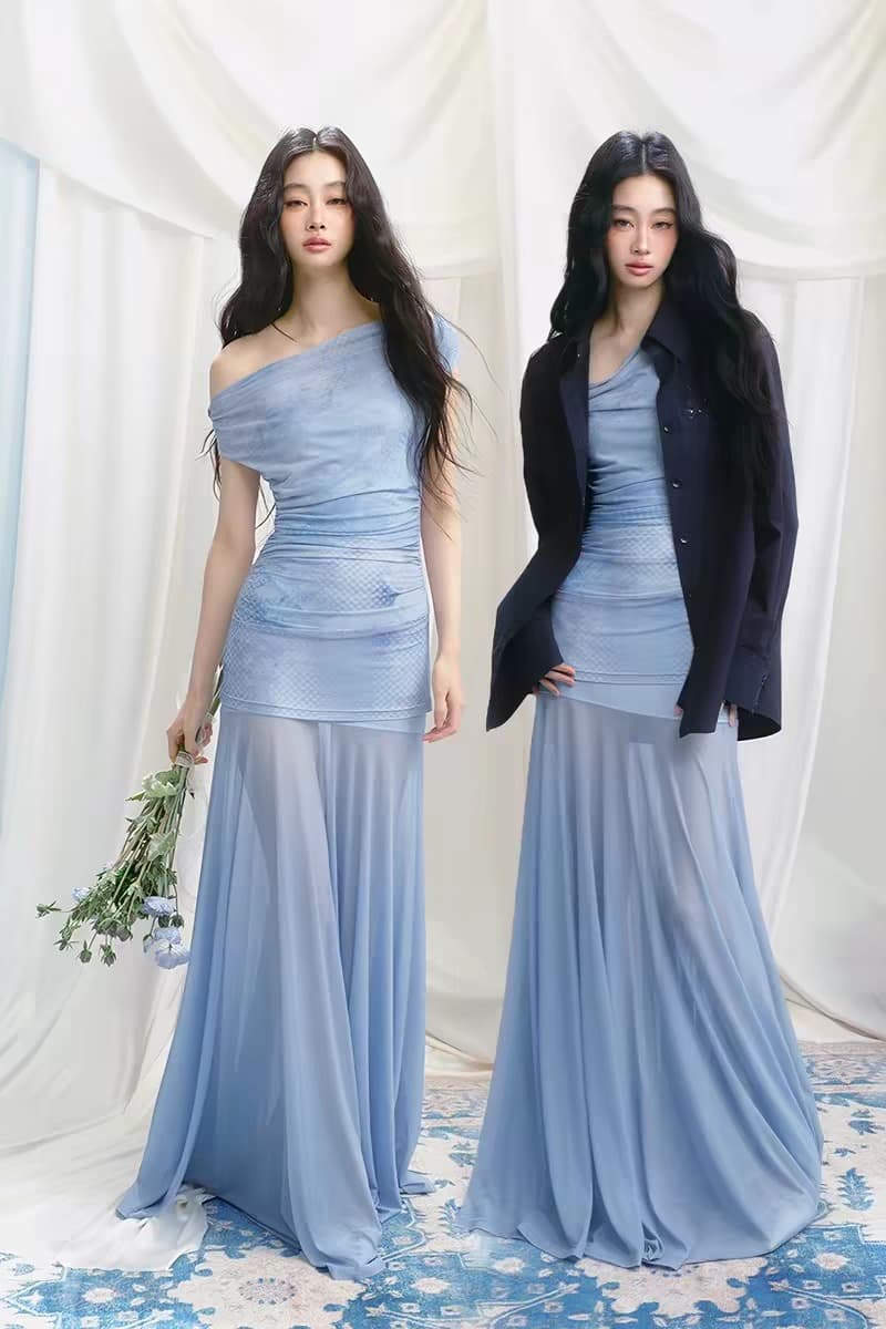 자기 소금 차 블루스 브루스 오리지널 프랑스식 비스듬한 어깨 분위기 센스 마이크로 ~을 통해 한 마디 Tulle 드레스 투피스 세트 상세 이미지 1