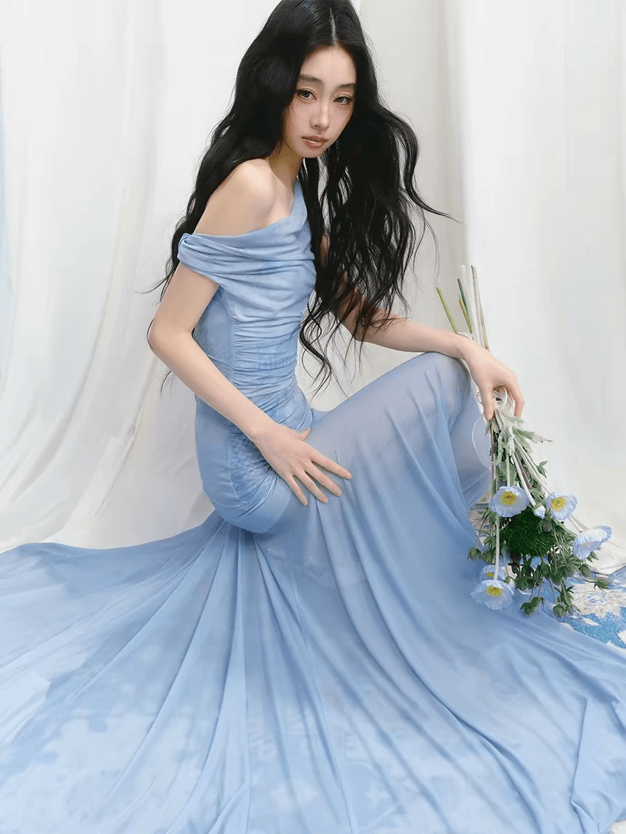 자기 소금 차 블루스 브루스 오리지널 프랑스식 비스듬한 어깨 분위기 센스 마이크로 ~을 통해 한 마디 Tulle 드레스 투피스 세트 상세 이미지 4