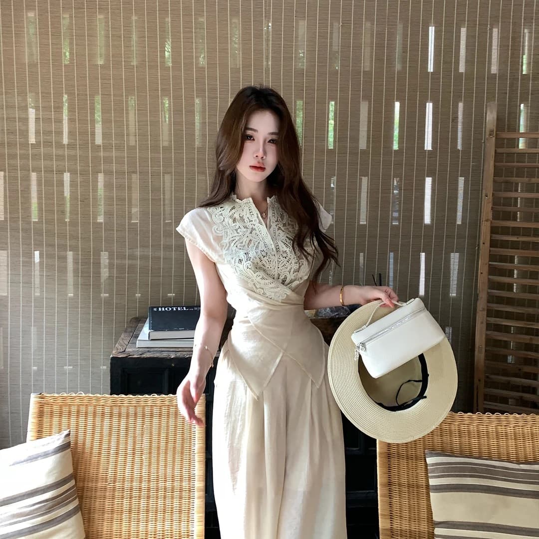대나무 커튼 서식지 부드러운 디자인 센스 레이스 조각 마이크로 ~을 통해 레이스업 맨위 주간 실크 와이드 레그 팬츠 세트 상세 이미지 1