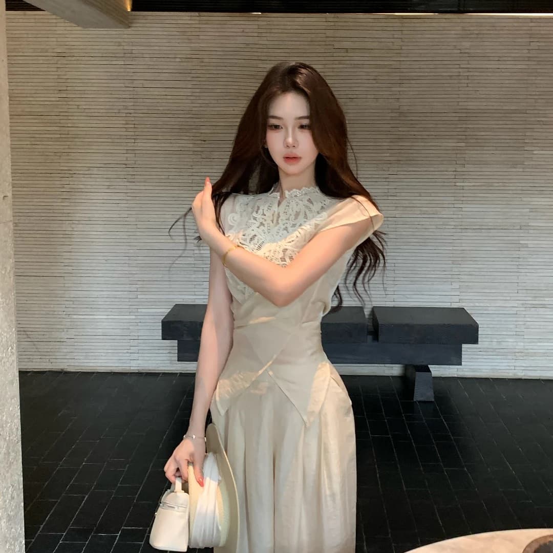 대나무 커튼 서식지 부드러운 디자인 센스 레이스 조각 마이크로 ~을 통해 레이스업 맨위 주간 실크 와이드 레그 팬츠 세트 상세 이미지 2