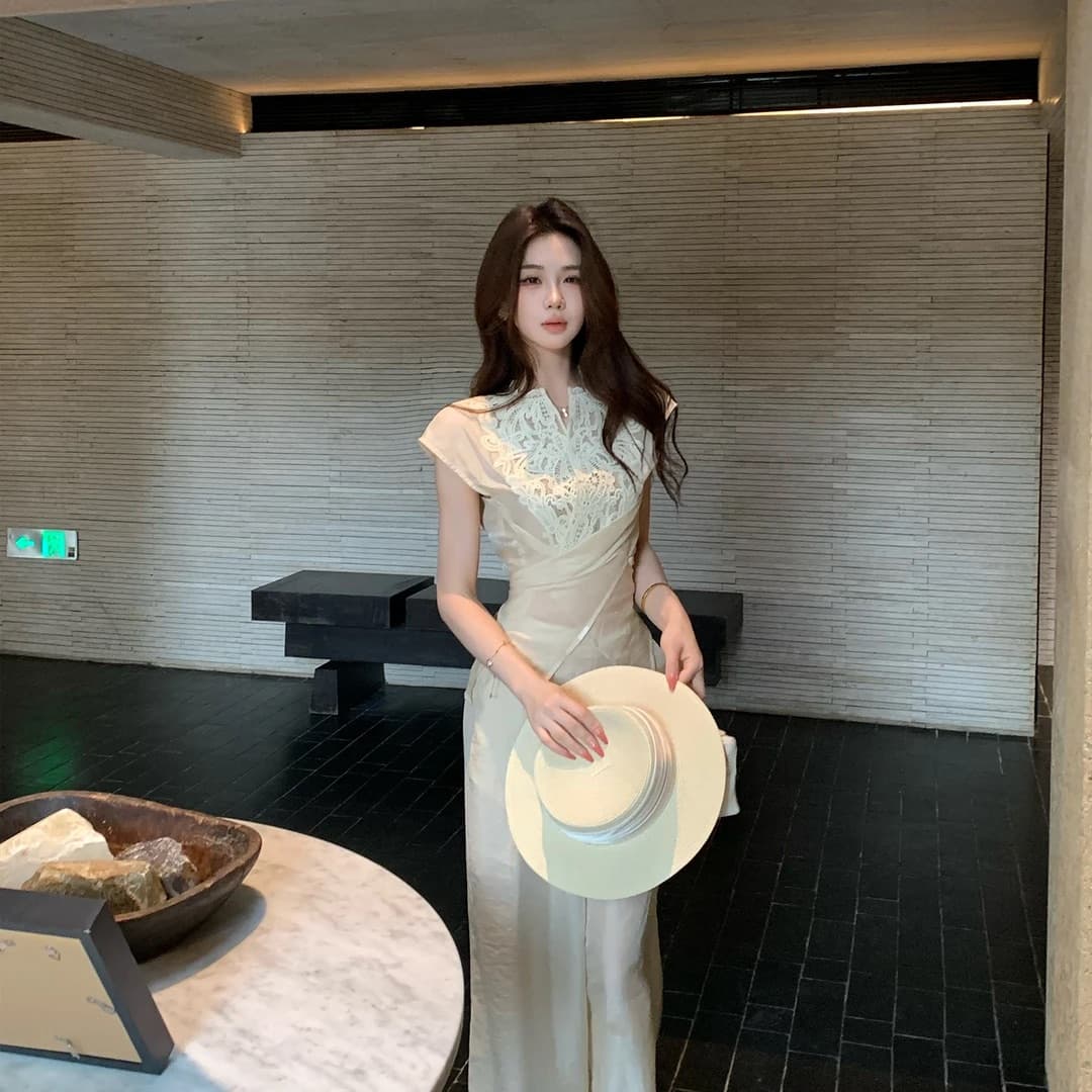대나무 커튼 서식지 부드러운 디자인 센스 레이스 조각 마이크로 ~을 통해 레이스업 맨위 주간 실크 와이드 레그 팬츠 세트 상세 이미지 3