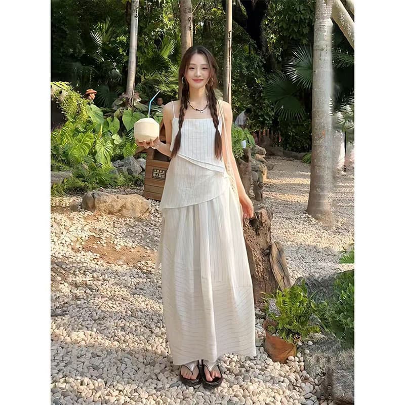 휴가 바람 느긋한 슬립 불규칙 조끼 맨위 루즈핏 반신 스커트 두 조각 여성 세트 여름 연령 감소 슬림해 보이는 세트 이미지 2
