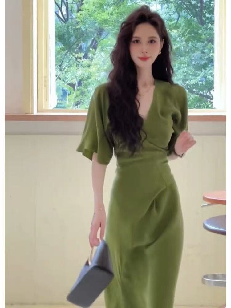 여름 고유 한 아름다운 꼬집기 허리 치마 품격 빛 럭셔리 고급 센스 관대 한 점잖은 슈퍼 잘 생긴 프랑스식 녹색 드레스 이미지 3