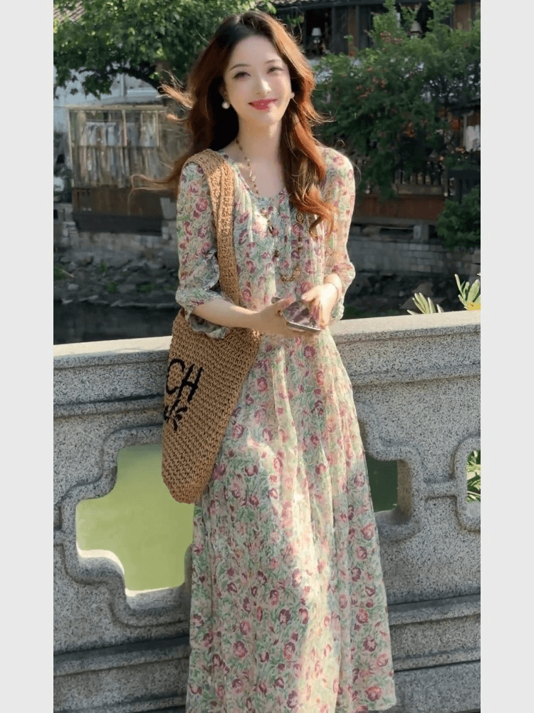 녹색 꽃무늬 쉬폰 드레스 여름 여성 의류 새로운 고급 센스 프랑스식 차 휴식 고급 빛 럭셔리 치마 이미지 3
