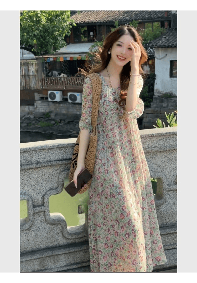 녹색 꽃무늬 쉬폰 드레스 여름 여성 의류 새로운 고급 센스 프랑스식 차 휴식 고급 빛 럭셔리 치마 상세 이미지 4