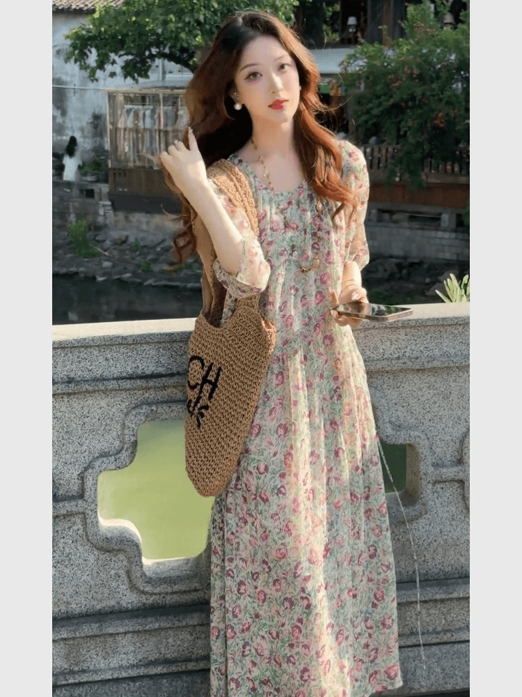 녹색 꽃무늬 쉬폰 드레스 여름 여성 의류 새로운 고급 센스 프랑스식 차 휴식 고급 빛 럭셔리 치마 상세 이미지 5
