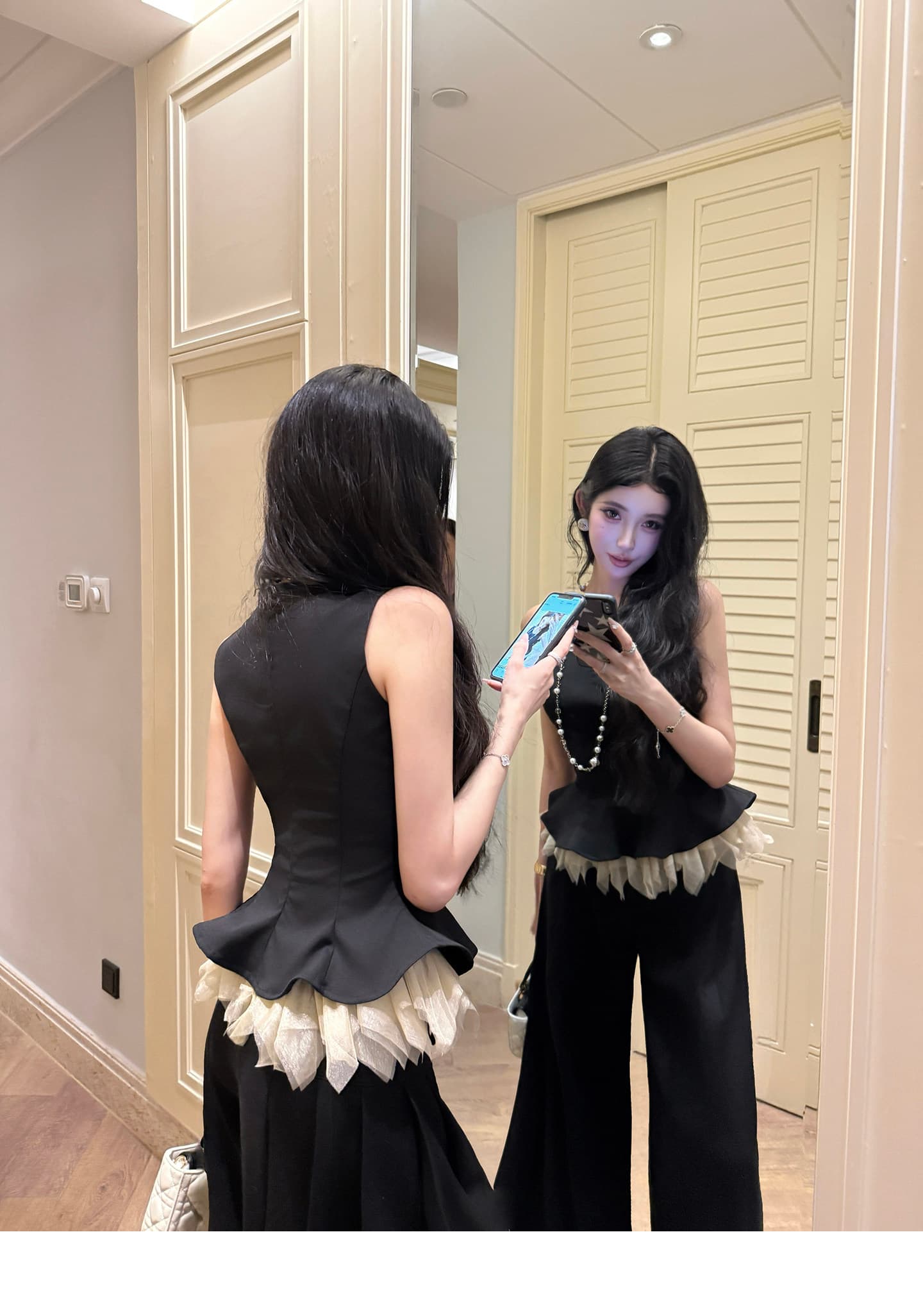 jennie 생일 세트 barbchill 3 차원 자르기 무거운 작업 조끼 와이드 레그 팬츠 세트 상세 이미지 4