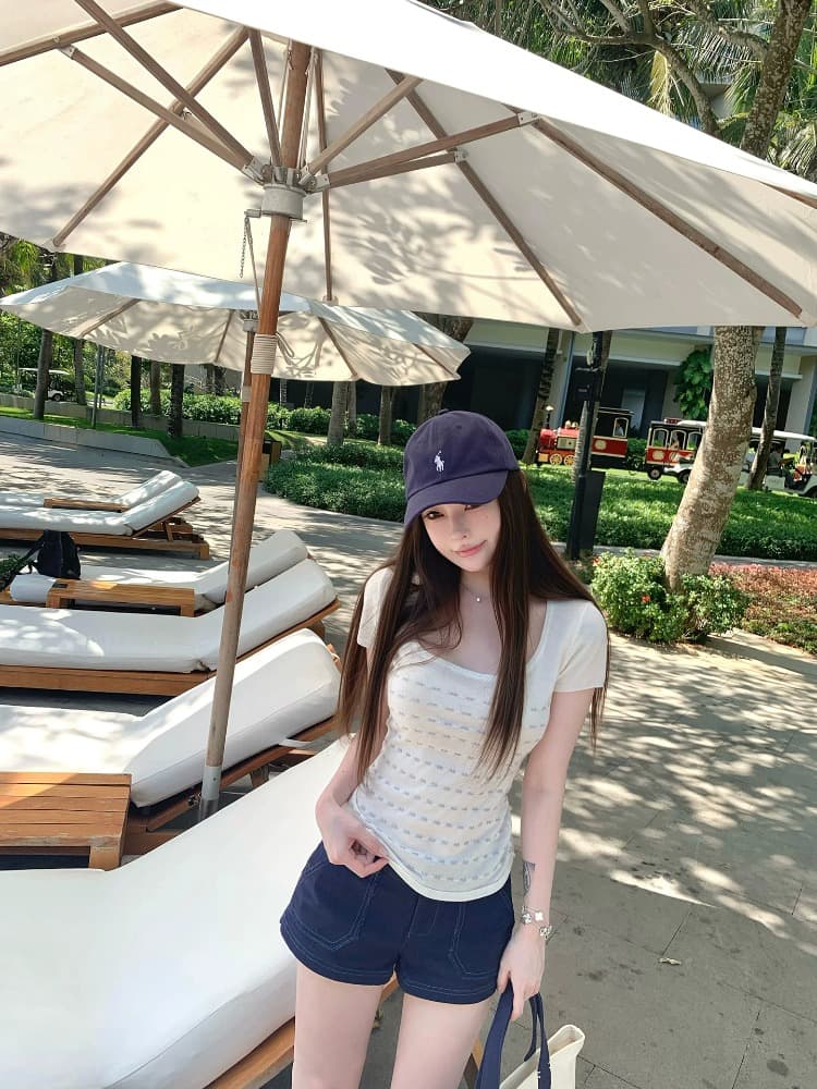 suuuicee 메이 여지 얼음 모래 작은 자카드 질감 순수한 욕망 대 u 칼라 짧은 맨위 몸매 가꾸기 니트 반팔 티셔츠 이미지 2