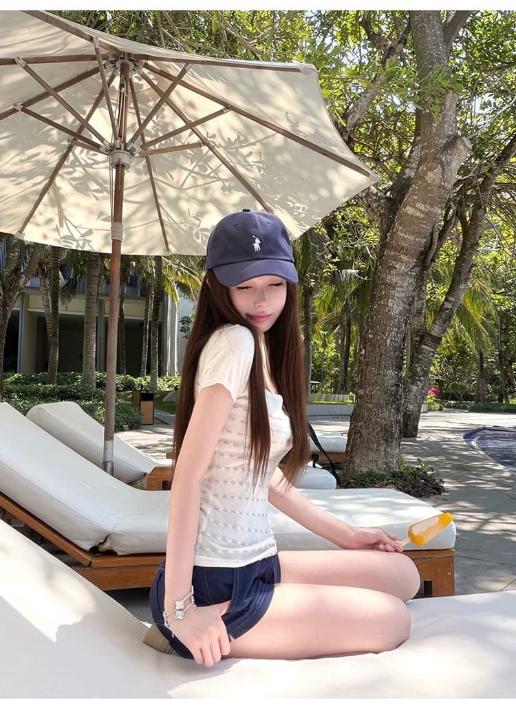 suuuicee 메이 여지 얼음 모래 작은 자카드 질감 순수한 욕망 대 u 칼라 짧은 맨위 몸매 가꾸기 니트 반팔 티셔츠 상세 이미지 6