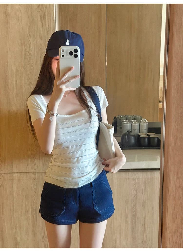 suuuicee 메이 여지 얼음 모래 작은 자카드 질감 순수한 욕망 대 u 칼라 짧은 맨위 몸매 가꾸기 니트 반팔 티셔츠 상세 이미지 9