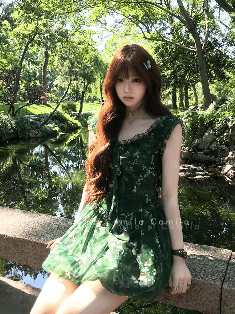 전원 센 부서 엘프 짙은 녹색 쉬폰 프릴 버블 꽃밭 미니 스커트 u 칼라 민소매 조끼 꽃무늬 드레스 이미지 2
