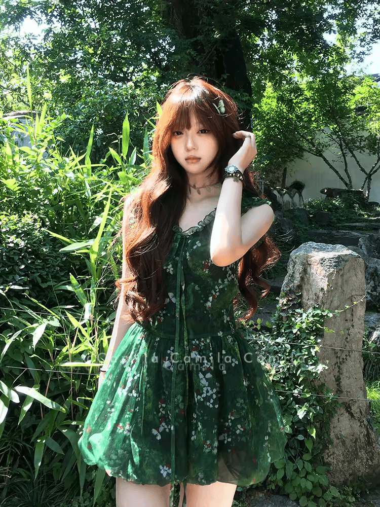 전원 센 부서 엘프 짙은 녹색 쉬폰 프릴 버블 꽃밭 미니 스커트 u 칼라 민소매 조끼 꽃무늬 드레스 상세 이미지 3