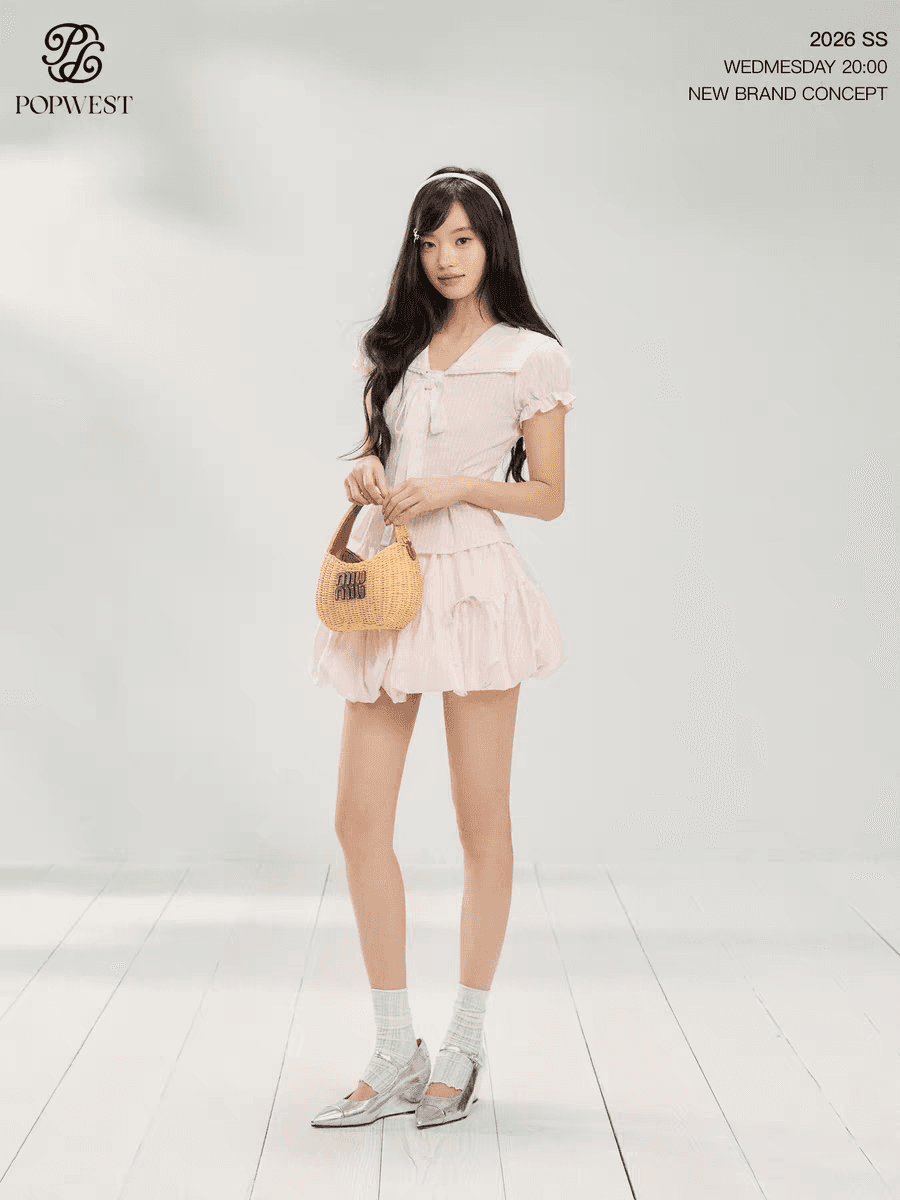 popwest 달콤함 나비 매듭 폴로 칼라 핑크색 허리 수축 맨위 반 스커트 퍼프 스커트 여름 6 주간 해군 칼라 세트 상세 이미지 6