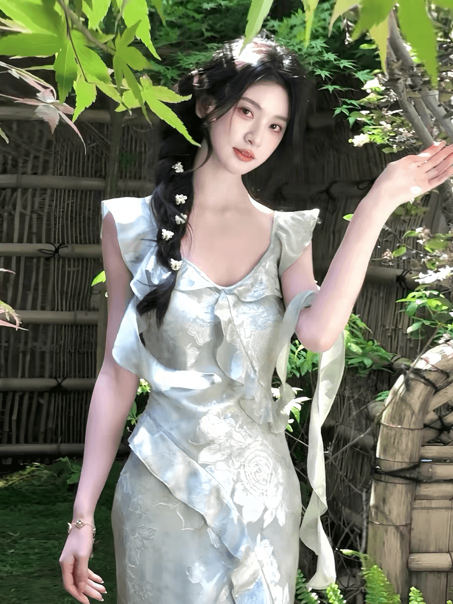 하나부터 순간 여름 깊은 분위기 센스 헤일로 염색 자카드 여성 드레스 프릴 허리 수축 슬림해 보이는 인어 꼬리 롱 스커트 상세 이미지 1