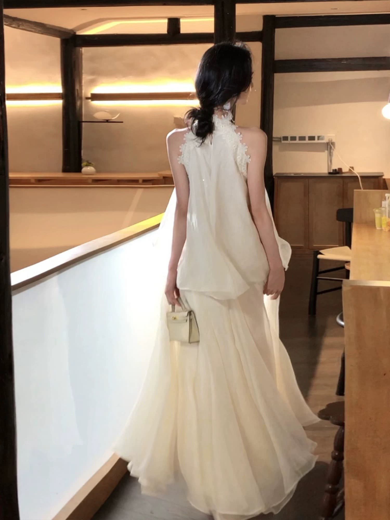 하나부터 순간 미 향기로운 행침 목 페이크 레이어드 여성 드레스 부드러운 바람 요정 우아한 큰 진자 망사 롱 스커트 상세 이미지 5