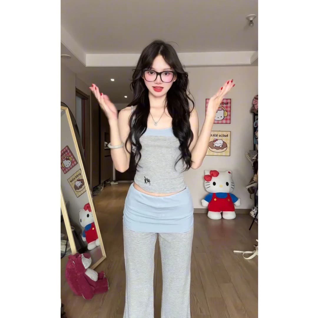 marie.coco 슈퍼 화재 새로운 착용 가져 가라. 전체 집합 파란색 스웨터 오픈 가디건 캐미솔 와이드 레그 팬츠 3종 세트 상세 이미지 5