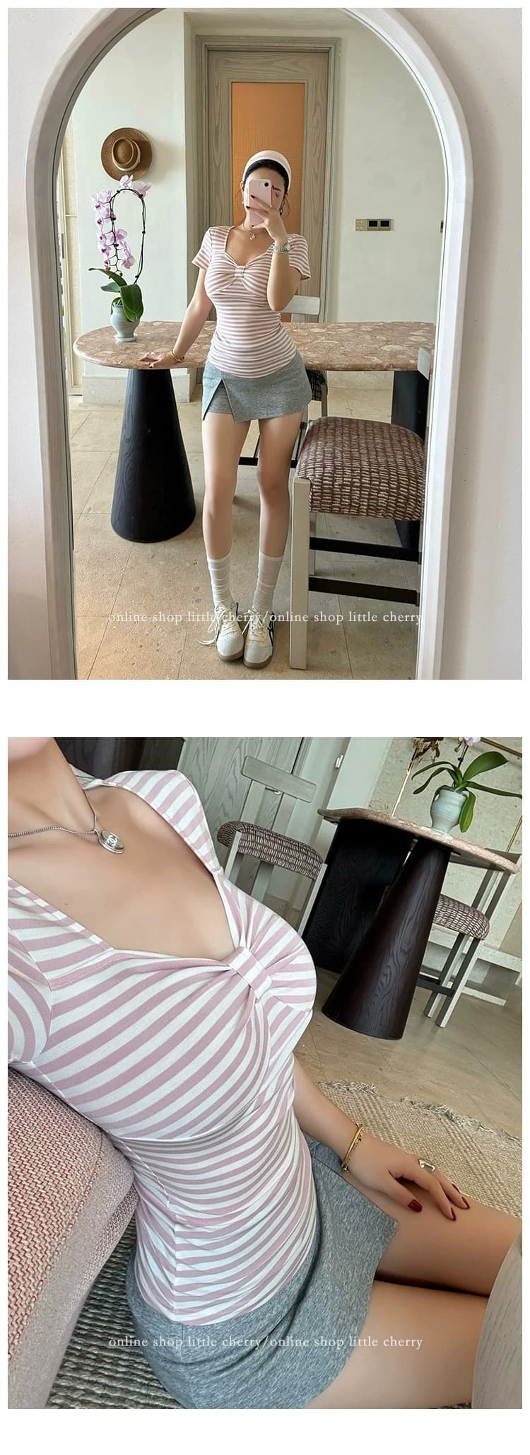 고기 로드 중 작은 cherry 스트라이프 전복 연령 감소 마이크로 지방 3 차원 나비 매듭 주름 디자인 둘 색상 스트라이프 티셔츠 상세 이미지 18