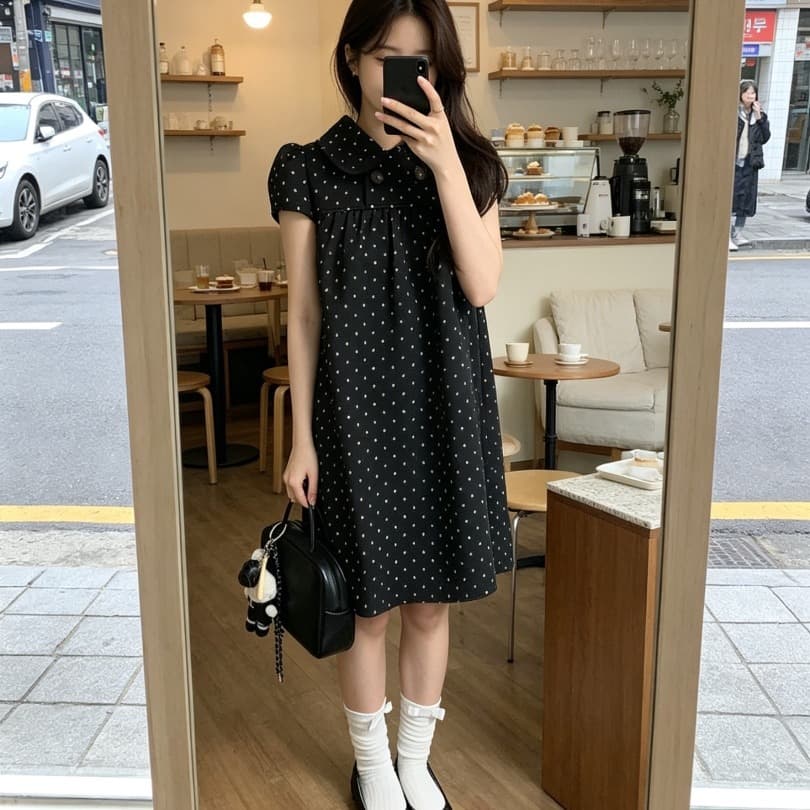 그는 벤 바람 프랑스식 검정색 도트 무늬 드레스 아이들 여름 2026 새로운 작은 키 품격 고급 센스 미니 스커트 이미지 2