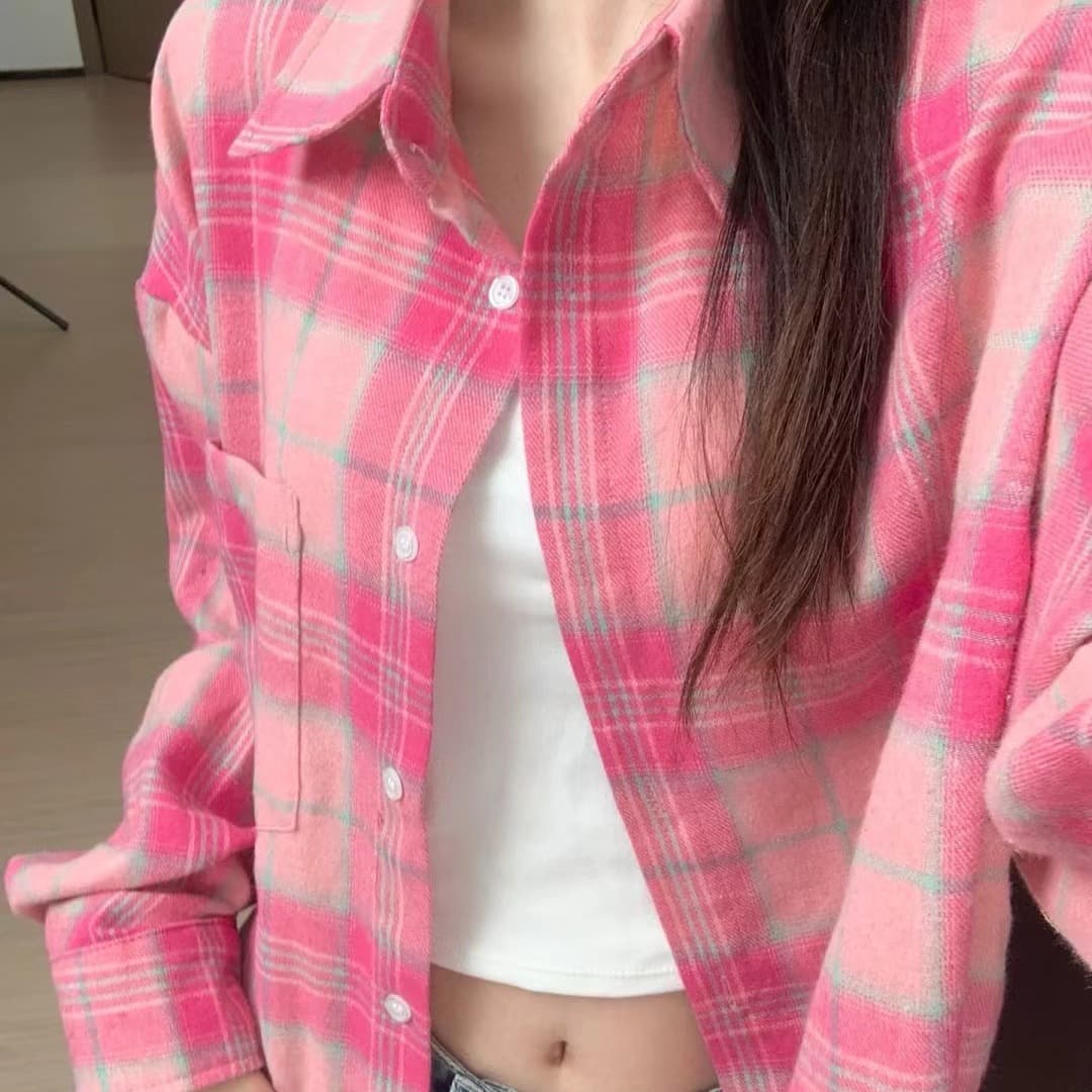 새로운 루즈핏 다용도 핑크색 체크무늬 긴팔 셔츠 여름 자외선 차단 맨위 재킷