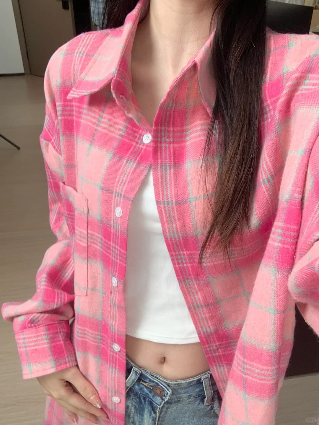 새로운 루즈핏 다용도 핑크색 체크무늬 긴팔 셔츠 여름 자외선 차단 맨위 재킷 이미지 2