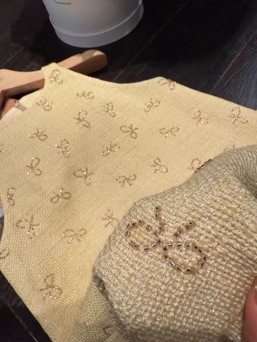 여름 홈 부유 한 가족 천 골드 무거운 작업 나비 매듭 민소매 조끼 행침 목 작은 샤넬 스타일 여성 드레스 여름 작은 키 상세 이미지 5
