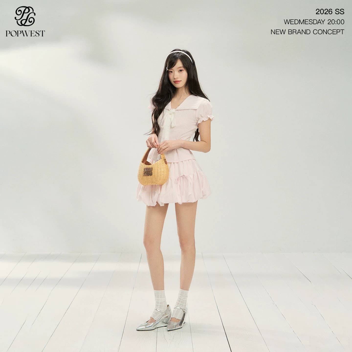 popwest 달콤함 나비 매듭 폴로 칼라 핑크색 허리 수축 맨위 반 스커트 퍼프 스커트 여름 해군 칼라 세트 상세 이미지 5