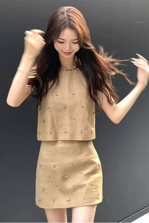 유럽 상품 패션 외국 가스 세트 무거운 작업 비즈 박기 민소매 맨위 반신 스커트 빛 럭셔리 고급 센스 샤오 양 로드 중 투피스 세트 이미지 5