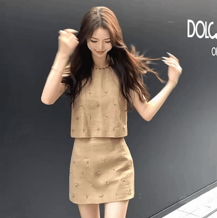 유럽 상품 패션 외국 가스 세트 무거운 작업 비즈 박기 민소매 맨위 반신 스커트 빛 럭셔리 고급 센스 샤오 양 로드 중 투피스 세트 상세 이미지 4
