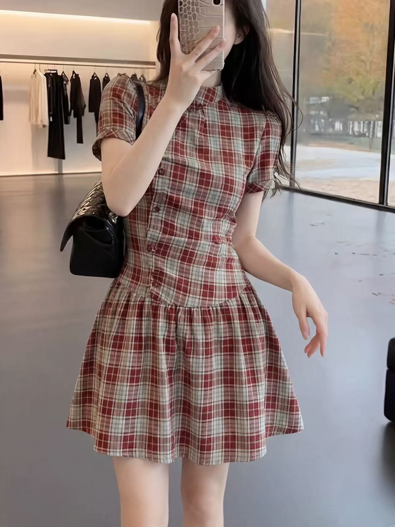 프랑스식 레트로 스타일 체크무늬 드레스 새로운 출퇴근 바람 허리 수축 슬림해 보이는 품격 여신 팬 미니 스커트 이미지 2