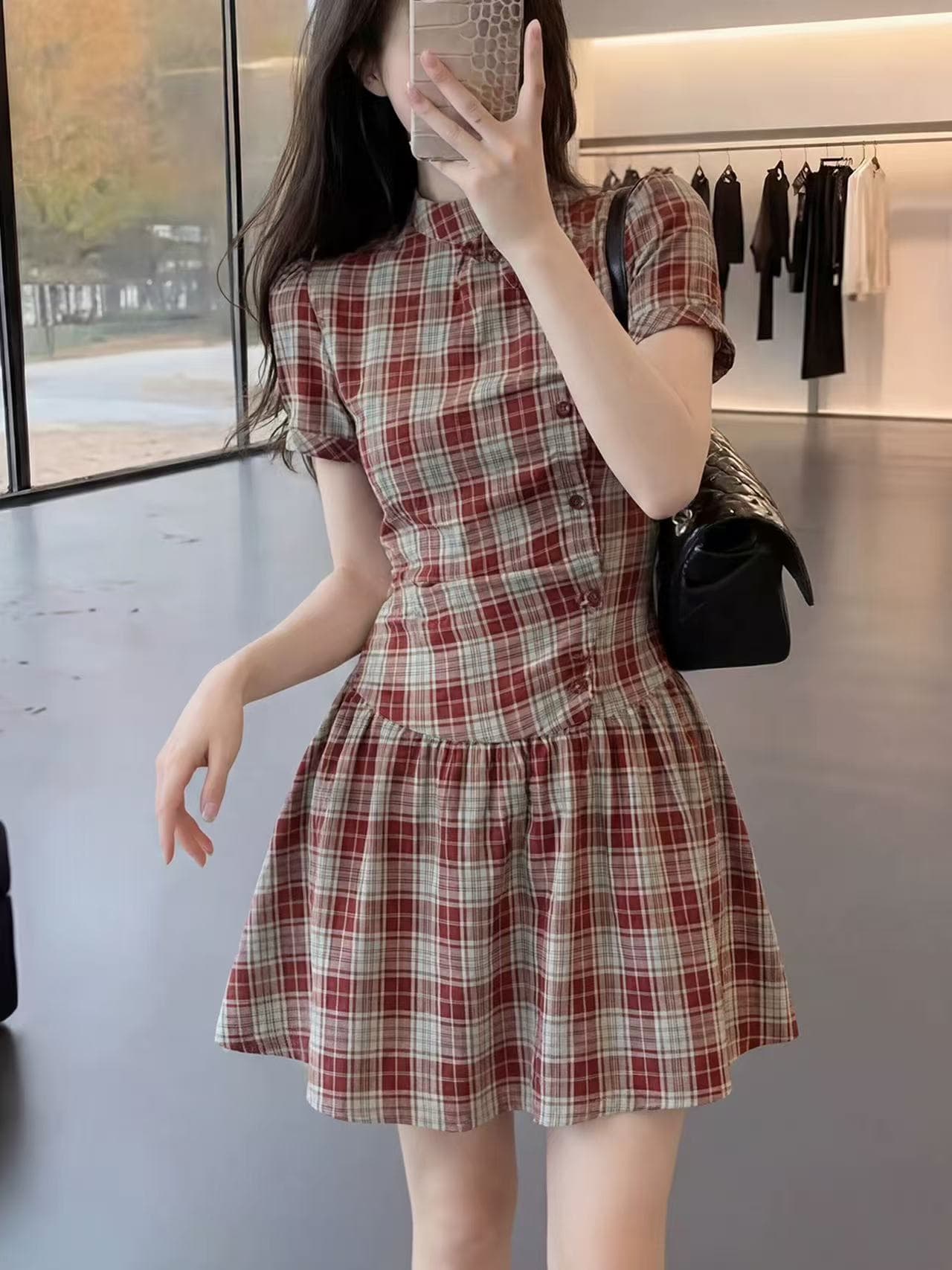 프랑스식 레트로 스타일 체크무늬 드레스 새로운 출퇴근 바람 허리 수축 슬림해 보이는 품격 여신 팬 미니 스커트 상세 이미지 1