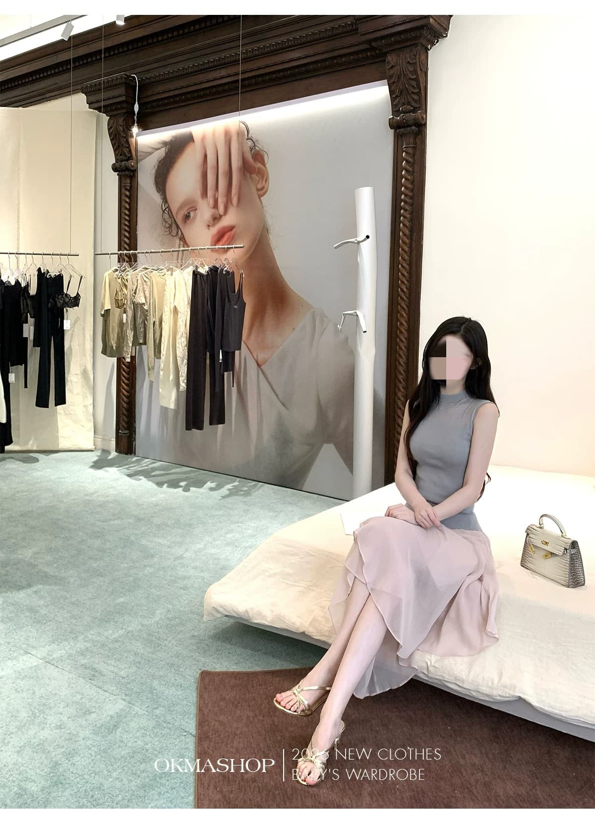 okmashop 빛 연 주형 한 부서 chic 세트 여성 여름 니트 맨위 쉬폰 반 스커트 투피스 세트 상세 이미지 14
