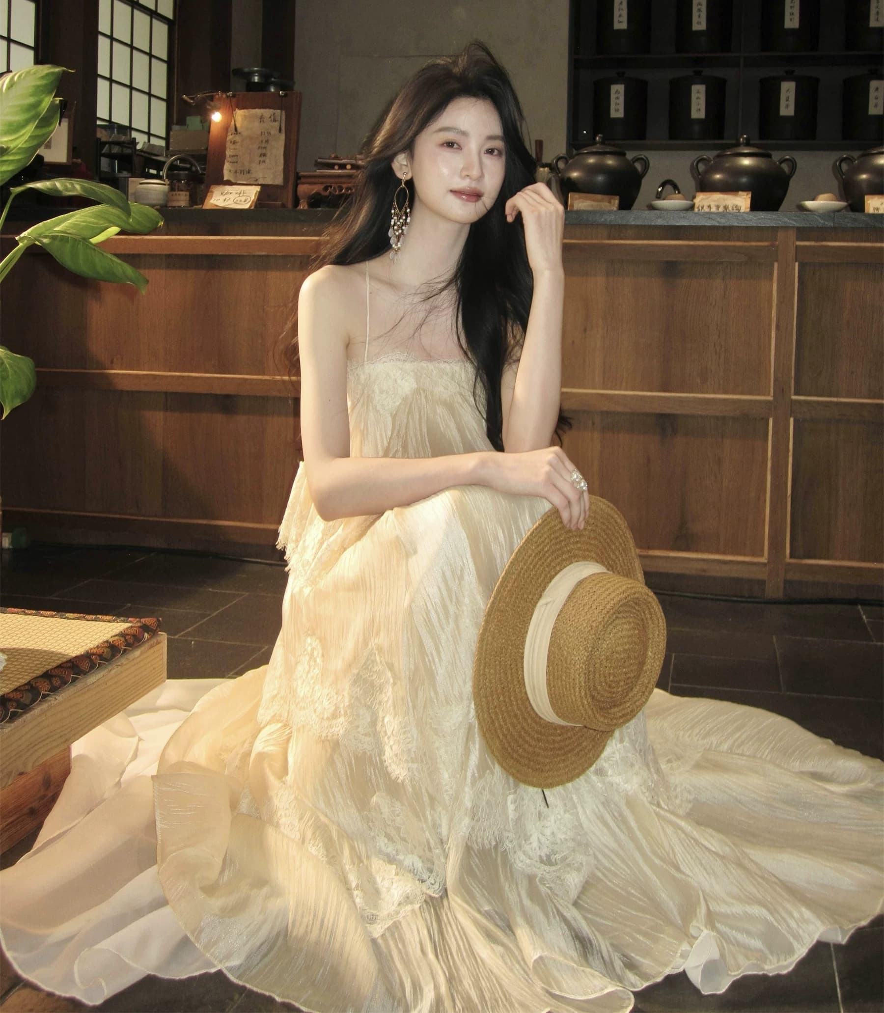 하나부터 순간 빛 흔적 프랑스식 슬립 레이스 큰 진자 여성 드레스 부드러운 태도 이미지 4