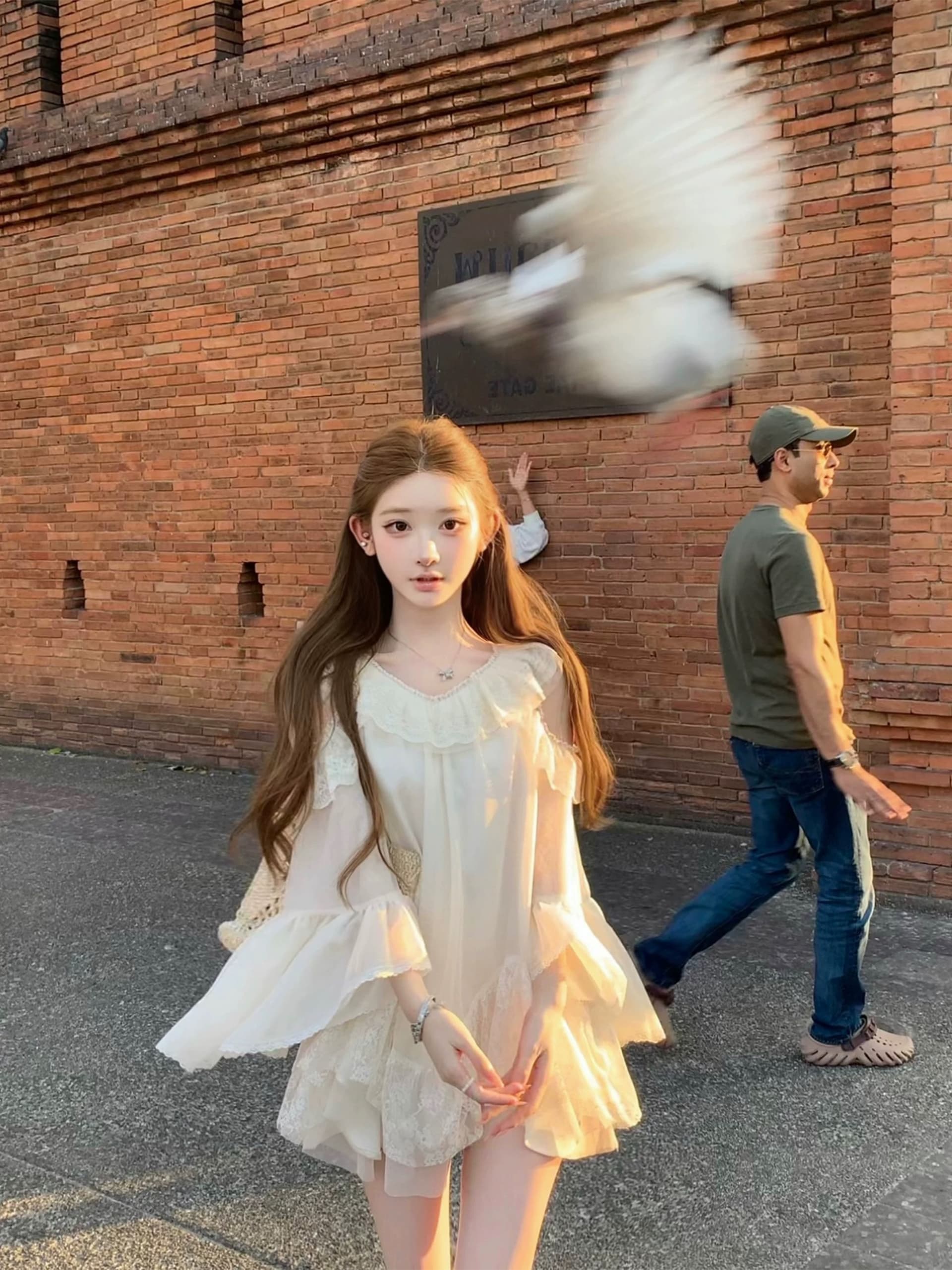q 여자 집 달콤한 배 인자 요정 가스 오프숄더 레이스 베이비 돌 쉬폰 레이스업 휴가 드레스 이미지 3