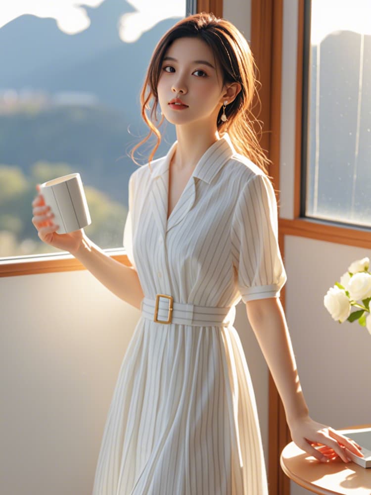새로운 작은 키 디스플레이 높음 표지 고기 슬림해 보이는 프랑스식 단순한 관대 한 화이트 스트라이프 드레스 아이들 이미지 4