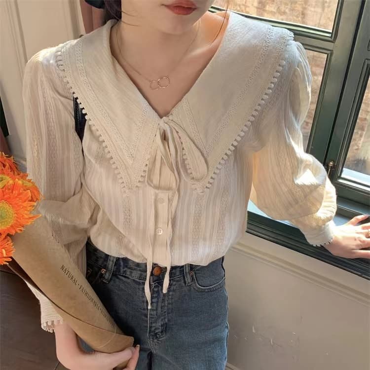 프랑스식 달콤함 베이비 칼라 만나는 여성 셔츠 디자인 센스 작은 대중 부드러운 바람 인사이드 가져 가라. 셔츠 가을 Chic 맨위