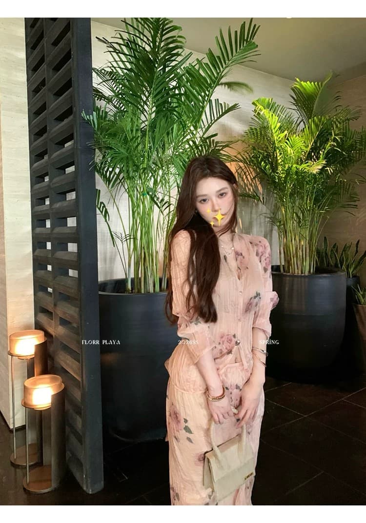 꽃 위안 장미 속삭임 핑크색 프랑스식 프린트 여성 셔츠 봄 여름 얇은 스타일 압력 주름 질감 반신 치마 세트 상세 이미지 4