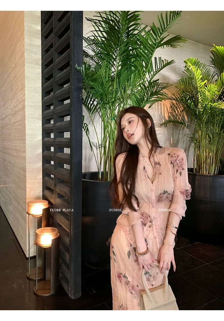 꽃 위안 장미 속삭임 핑크색 프랑스식 프린트 여성 셔츠 봄 여름 얇은 스타일 압력 주름 질감 반신 치마 세트 상세 이미지 6